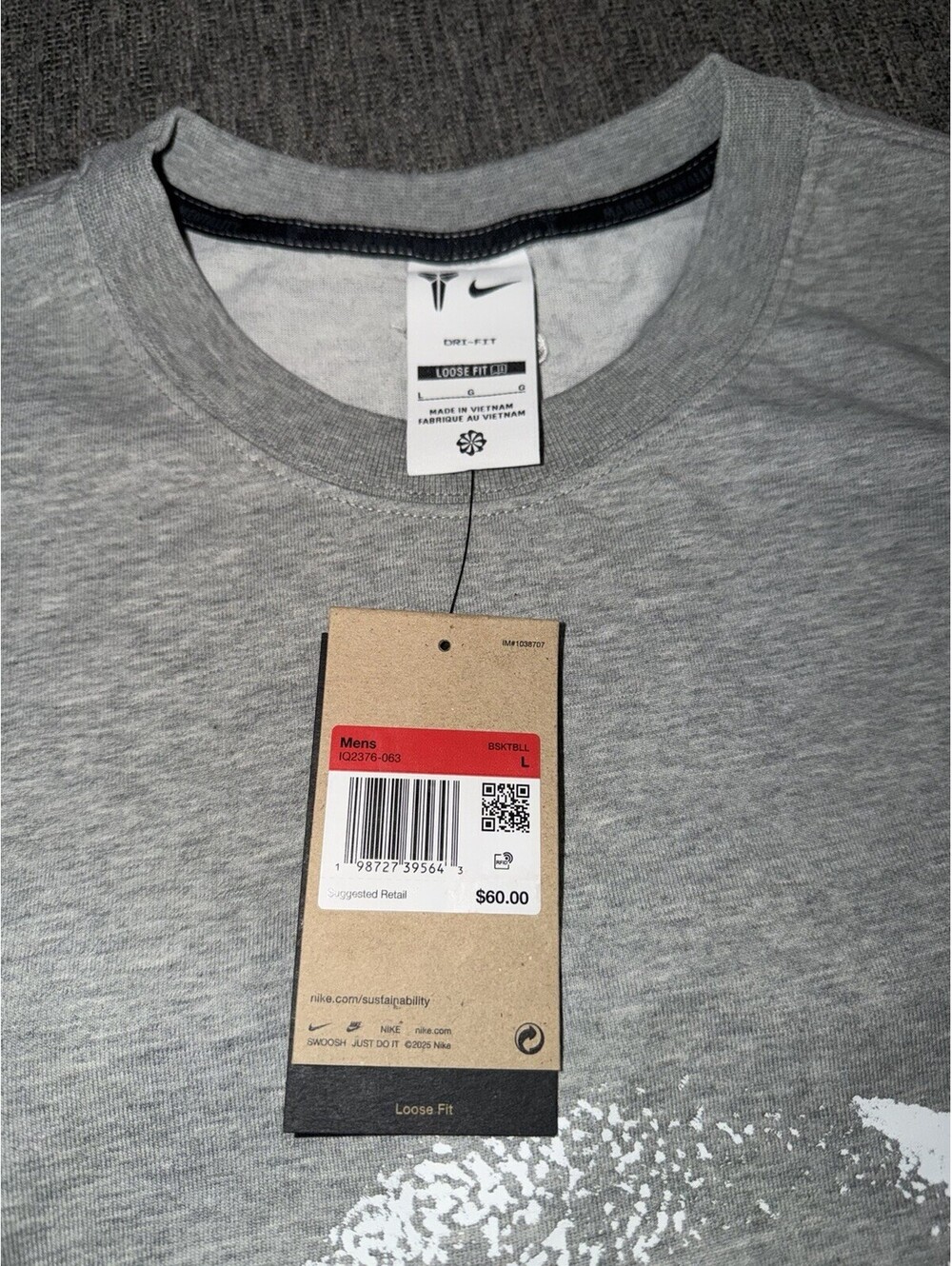 Nike Men’s Size Large (Loose) Kobe Dri-Fit Basketball T-Shirt Dark Grey Heather - Picture 13 of 15